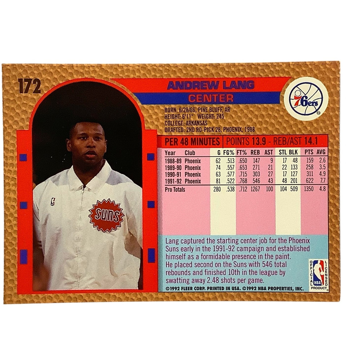 Andrew Lang (C), Card #172, Philadelphia 76ers, 1992-93 Fleer NBA