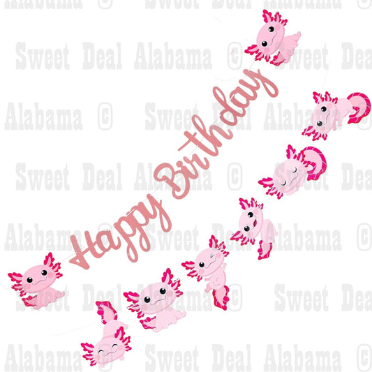 Axolotl Birthday Banner – Pink Ocean Animal Party Garland, 2 Pre-Strung Banners