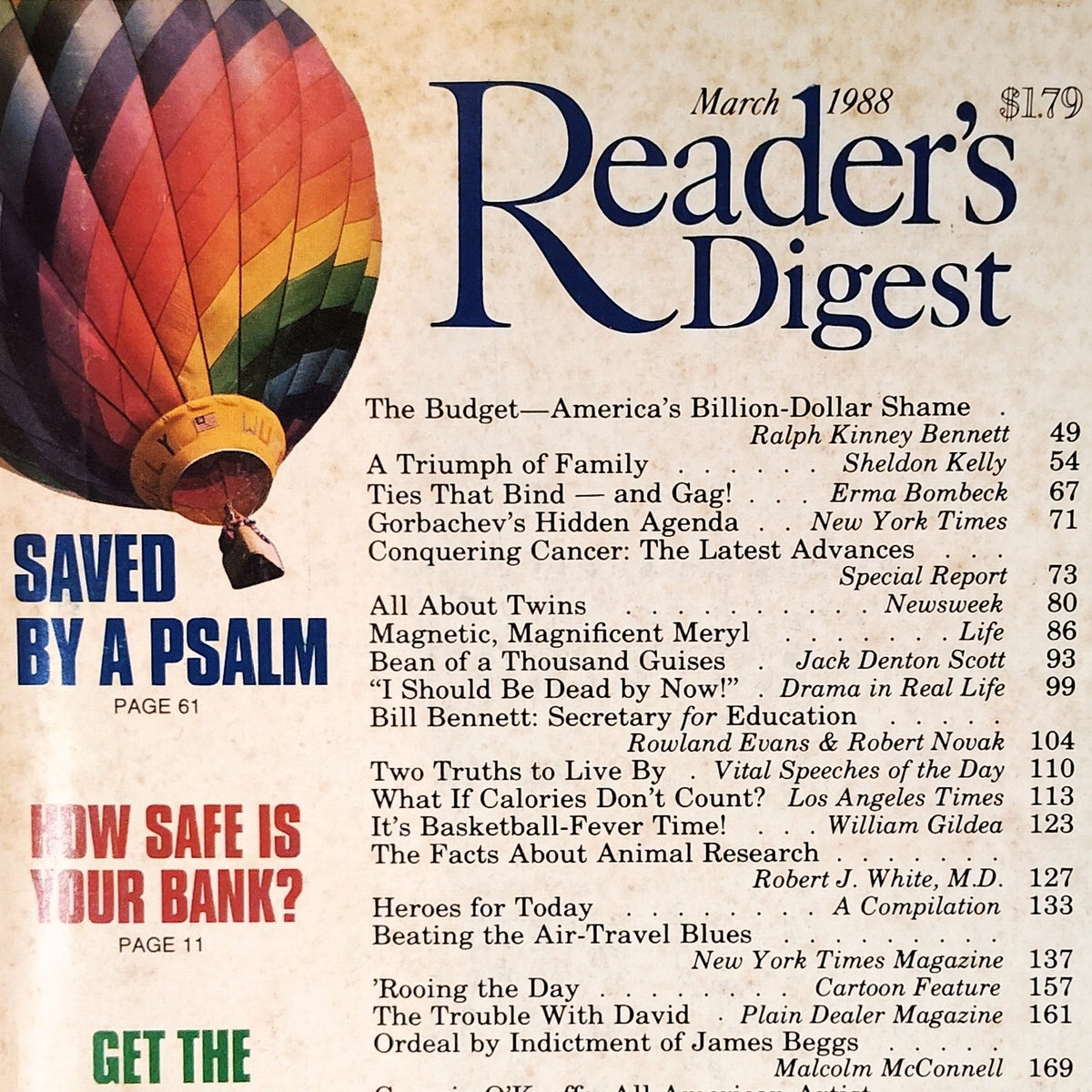 Reader's Digest March 1988 Magazine Back Issue Renoir Cover Art, Meryl Streep