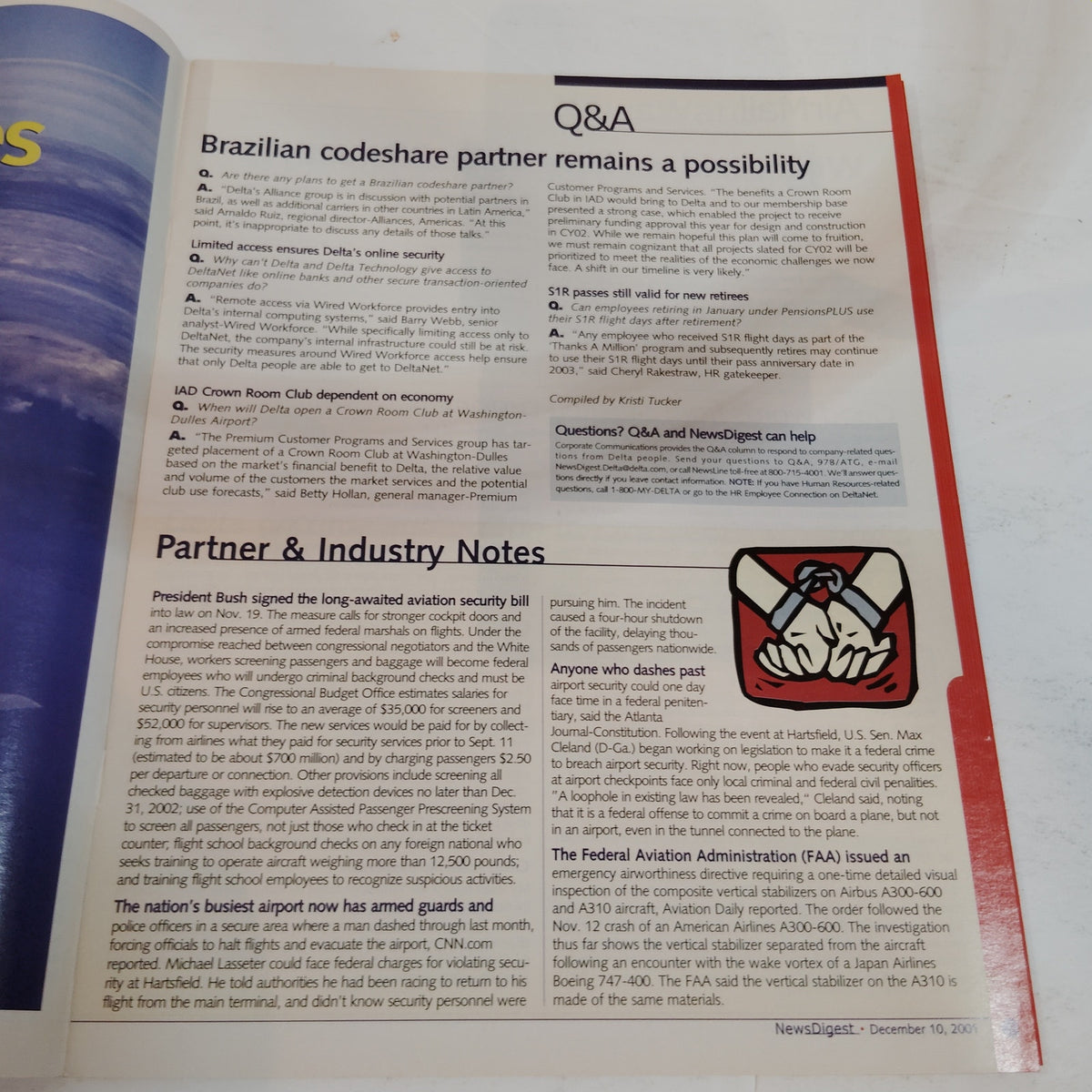 Delta Air Lines News Digest - December 10, 2001 - Collectible Airline