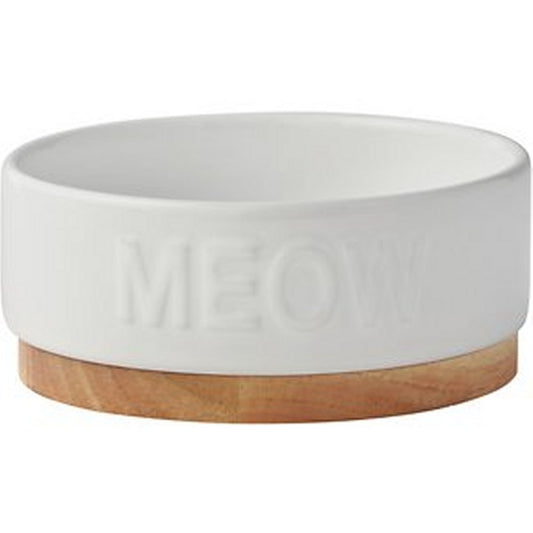 Meow Ceramic Cat Bowl w/ Wood Base – 1.25 Cup (10 oz.), Non-Skid, 5.01"D 2.1"H