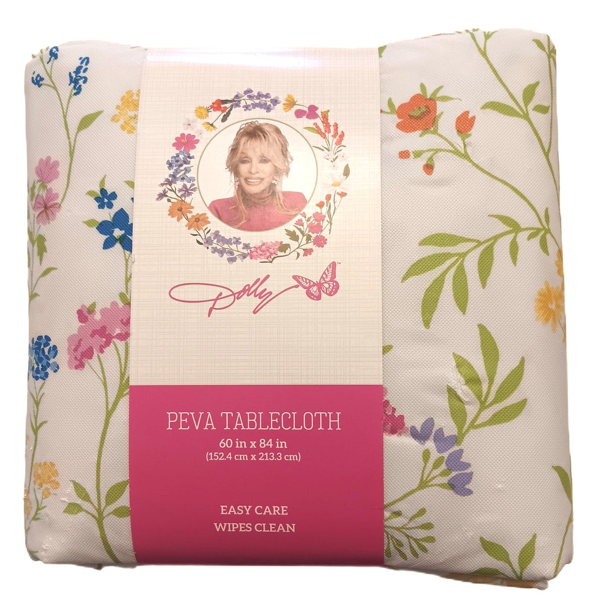 Dolly Parton Floral PEVA Tablecloth 60x84 - White, Pink, Blue, Green