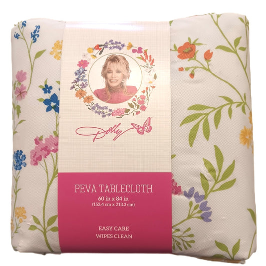Dolly Parton Floral PEVA Tablecloth 60x84 - White, Pink, Blue, Green