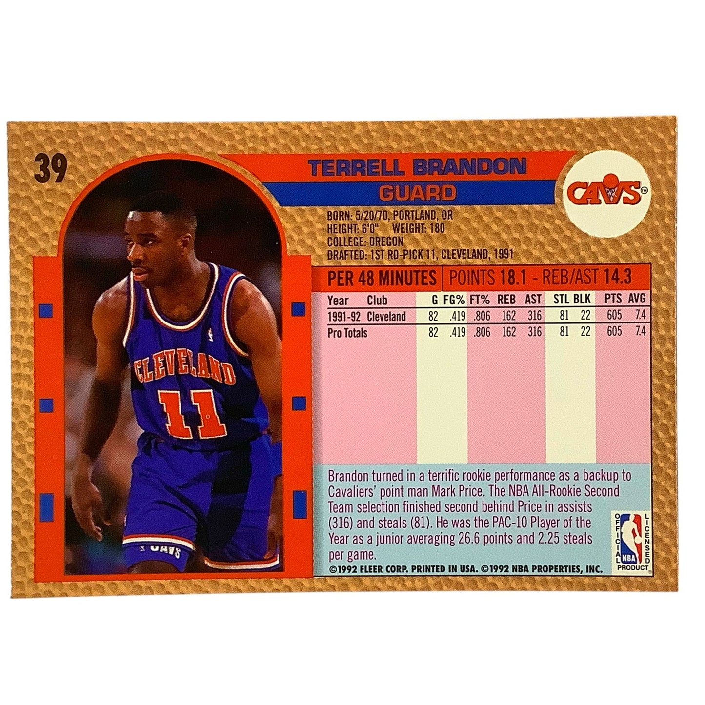 Terrell Brandon (G), Card #39, Cleveland Cavs (Cavaliers), 1992-93 Fleer NBA