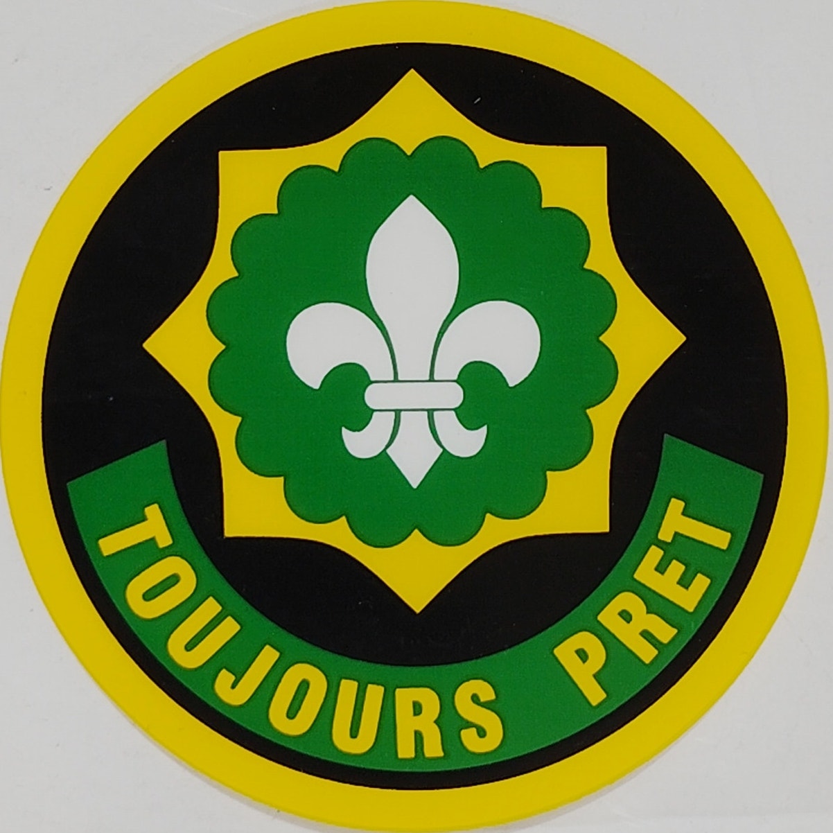 Window Vinyl Decal “TOUJOURS PRET”  – 4" x 4" – Adhesive Back – Outside Window