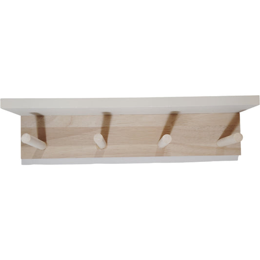 Natural Wood Wall-Mounted Coat Rack – 4 Pegs, Whitewashed Shelf Surface – 13" x 3" x 3"