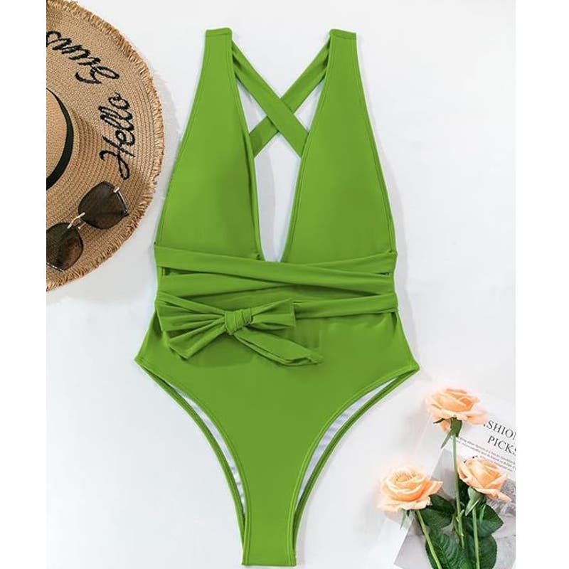 Swimsuit, Brazlian Cheek, Push-Up Tummy Control, 1-Piece, Open Back, Green, L