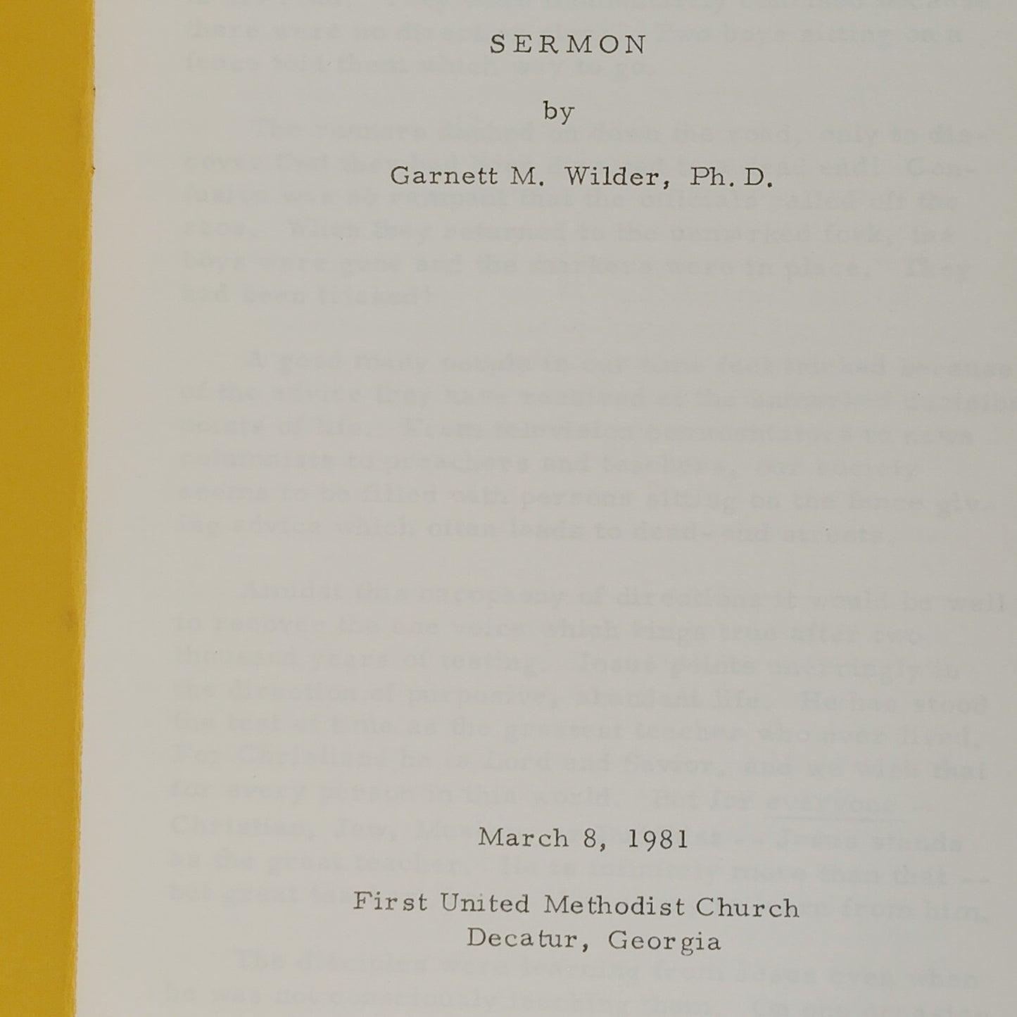 3 Sermon Programs – Garnett M. Wilder, Ph.D. – First United Methodist Church, Decatur GA – 1980–1981