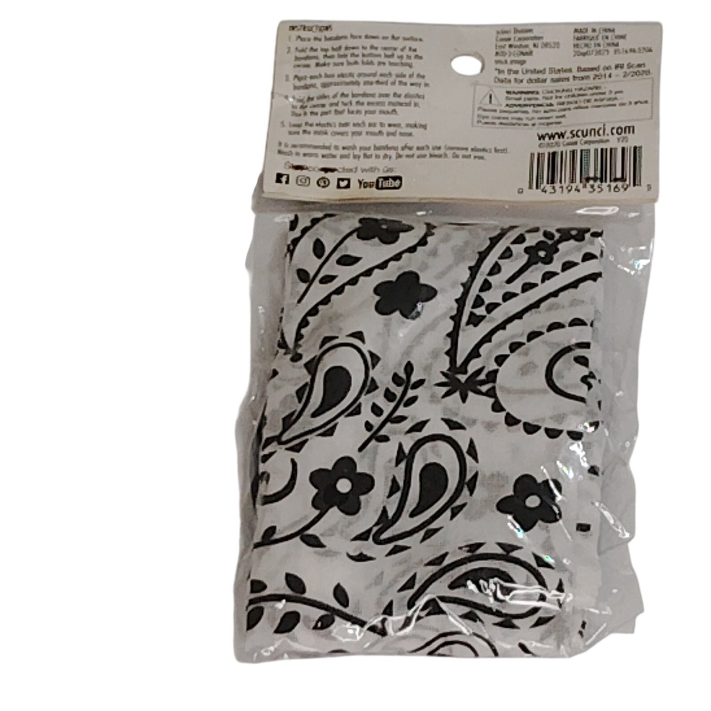 Scunci DIY Bandana Kit with Extra Large Elastics – Paisley – Black/White
