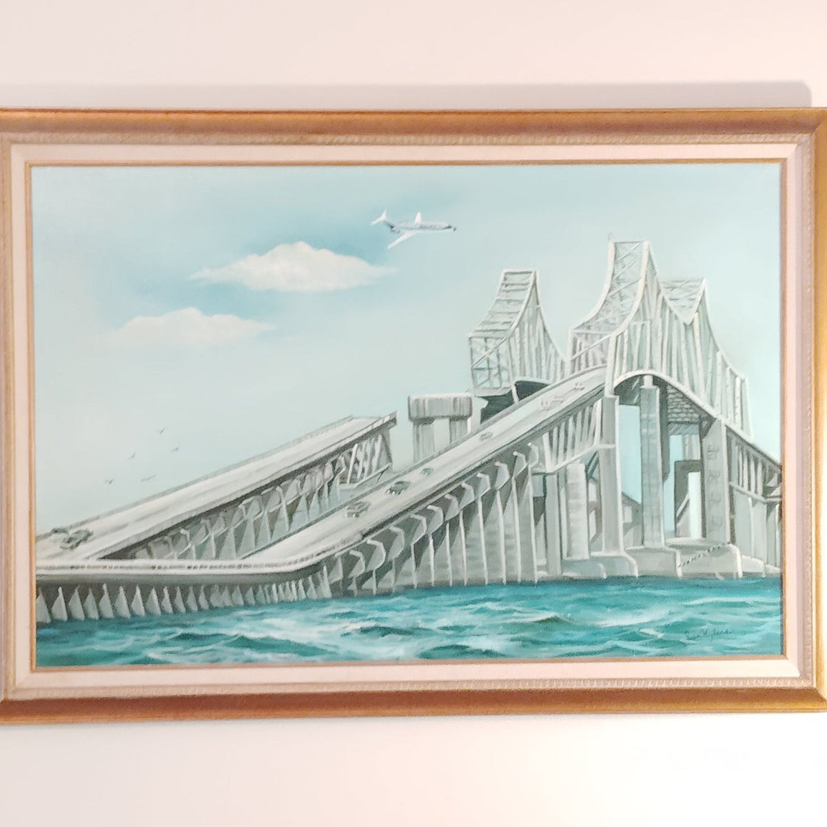 Fran Hyland Original Oil Painting Sunshine Skyway Bridge Disaster W/ Delta Plane