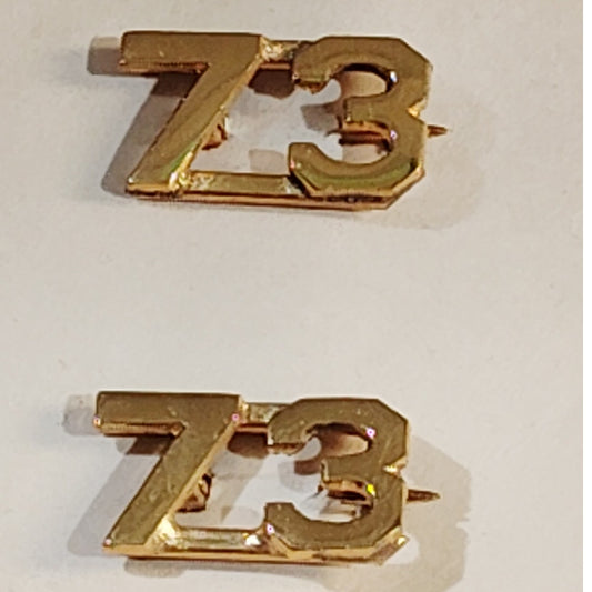 Early/Mid 1900s Brass C-Clasp "73" Collar Devices 3/8"H Hat / Lapel Pins Set