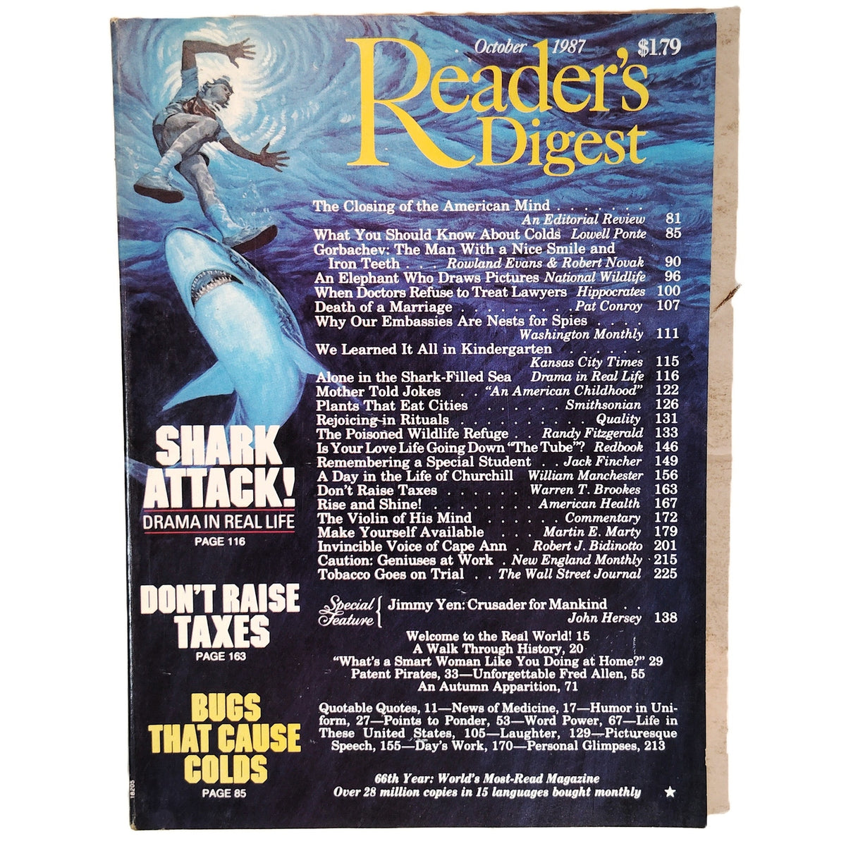 Reader's Digest Magazine October 1987 Shark Attack Cover Gorbachev Churchill