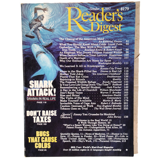 Reader's Digest Magazine October 1987 Shark Attack Cover Gorbachev Churchill