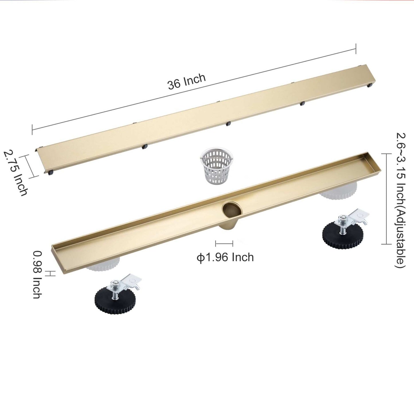 Rainlex 36" Stainless Steel Linear Shower Drain – Tile-in Cover, Brushed Gold