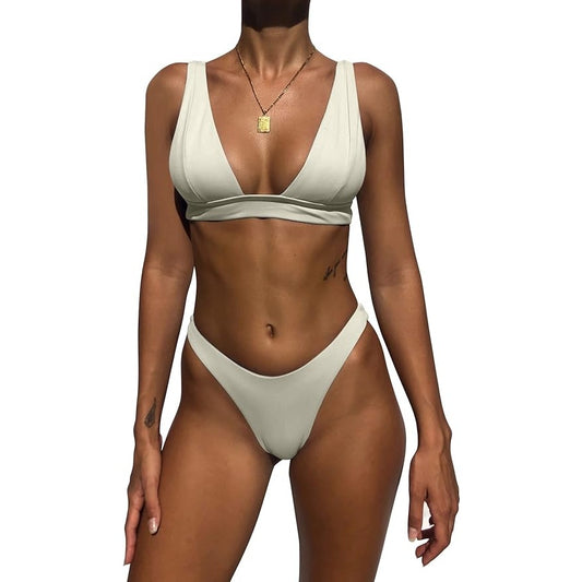 Hatant Bikini Set, Push Up Triangle Top, High Waisted Bottoms, Beige, L (8-10)