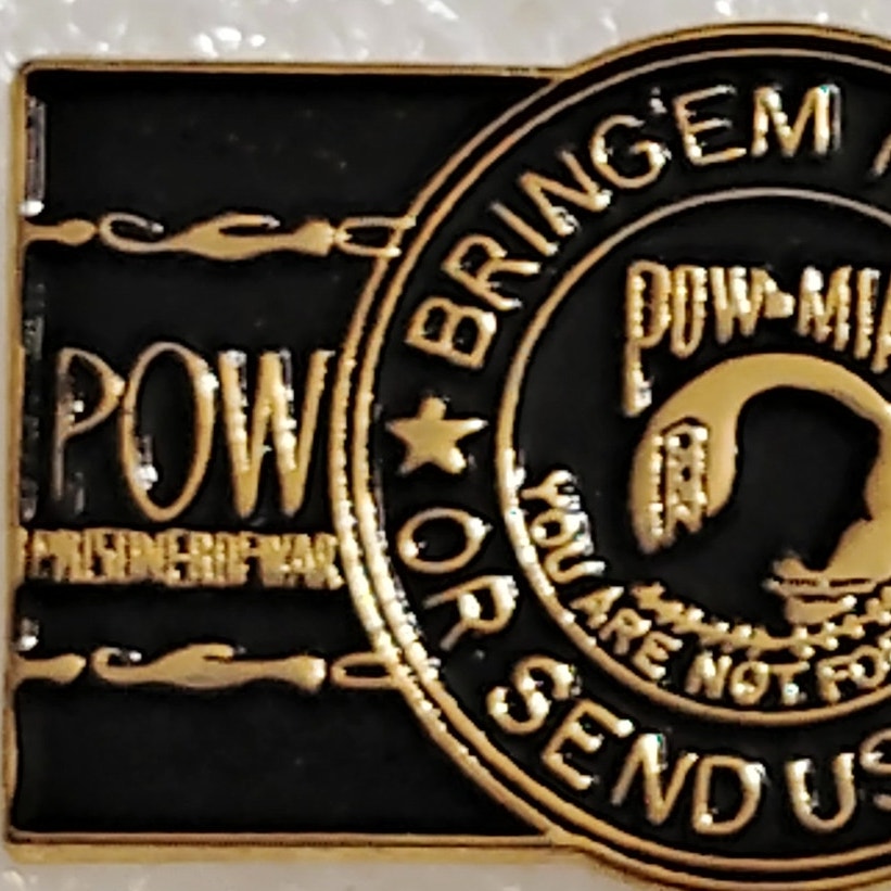 Bring ’Em Home Or Send Us Back POW/MIA Novelty Hat Lapel Pin, 1‑1/8"W × 5/8"H