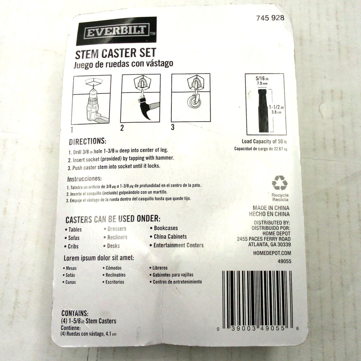 Everbilt 1-5/8 in. White Plastic Swivel Stem Casters 4-Pack 50 lb Load Rating