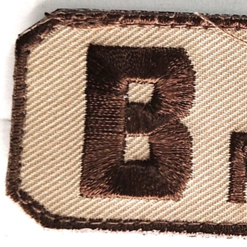 Large B+ POS Blood Type Patch Embroidered Brown on Tan 2‑1/2" × 1‑1/8" Hook Back