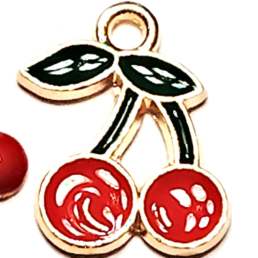 Cherry Charms Pair Gold‑Tone Red & Green Enamel 1/2–5/8" Jewelry Making Pendants