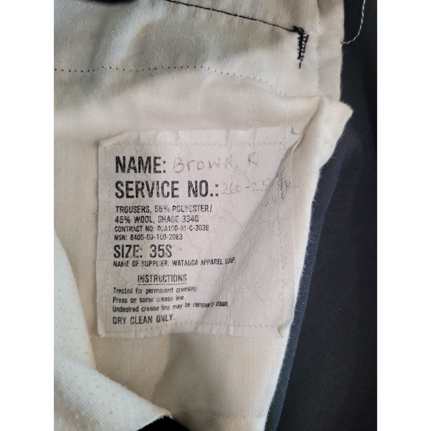 1981 US Military Dress Trousers - 35S - Navy Blue Shade 3346 - 55/45 Poly-Wool