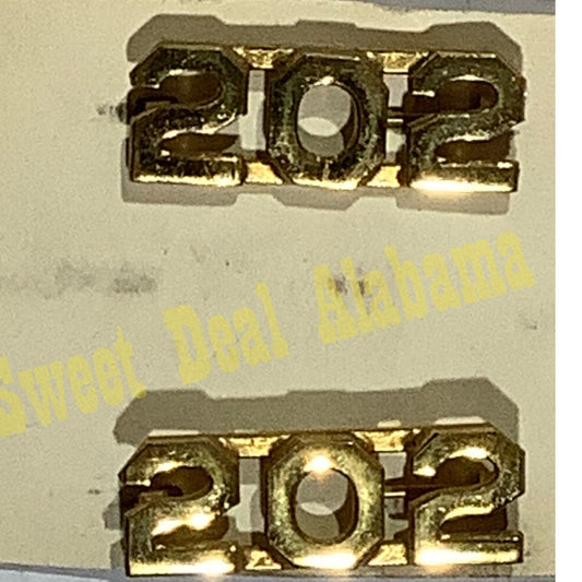Early/Mid 1900s Brass C-Clasp "202" Collar Devices 3/8"H Hat / Lapel Pins Set