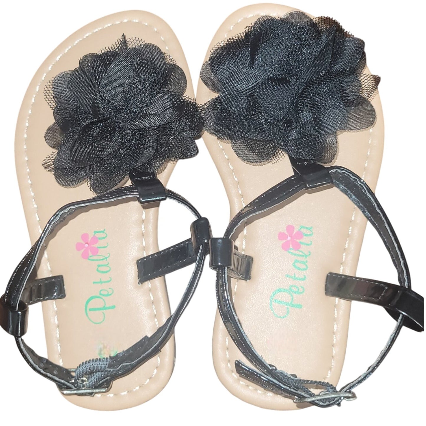Petalia Toddler Girls' Sandals, 7,  Black Patent - Black Mesh Flower Sandal
