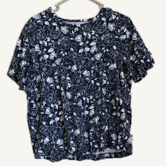 Blair Women's Navy Blue White Floral Print Short Sleeve Top Size L Crewneck