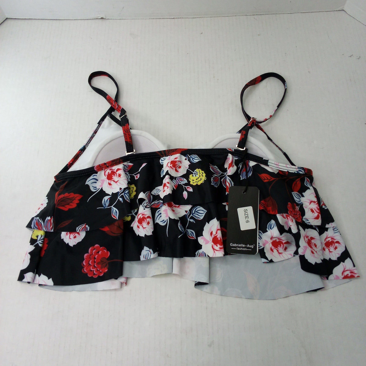 Gabrielle-Aug Women's Black Floral Tiered Ruffle Bikini Swim Top Size 6