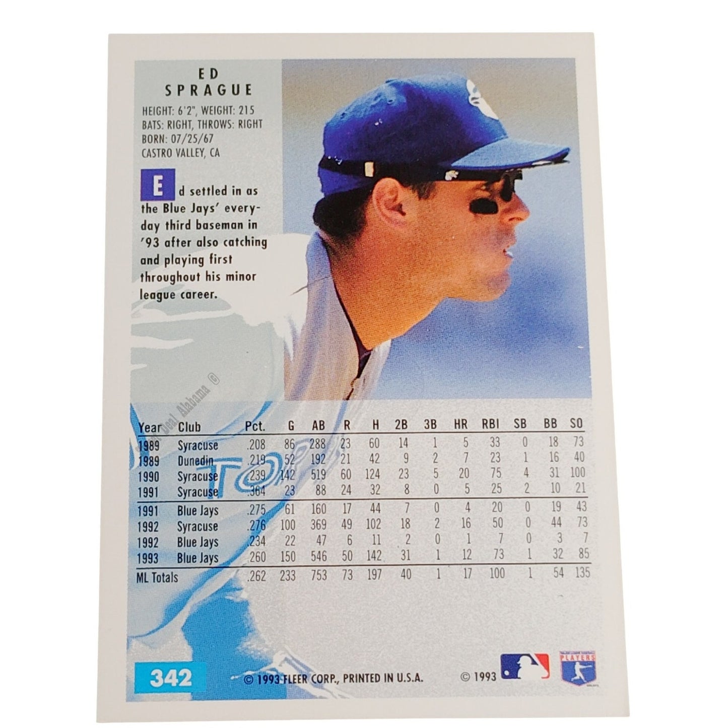 Ed Sprague, Toronto Blue Jays, #342, 1994 Fleer Baseball Collector's Card