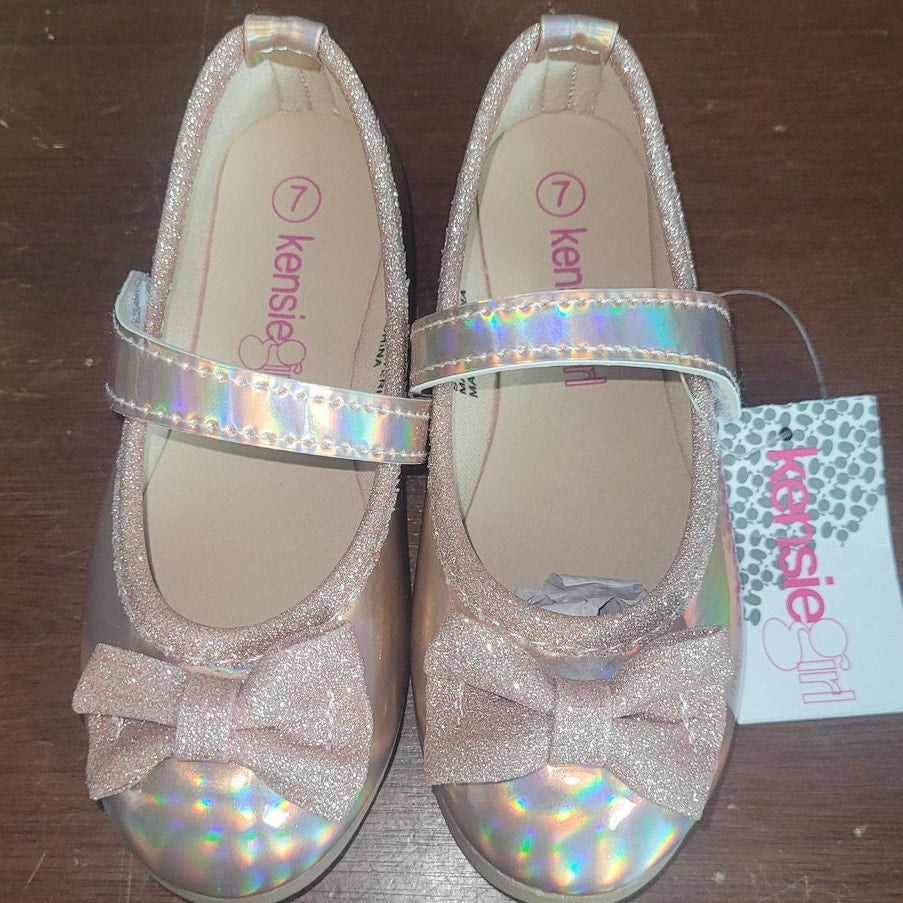 Kensie Girl Toddler Girls’ Ballet Flats – Rose Gold Glitter Bow, Size 7