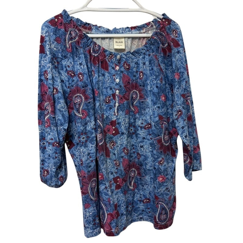 Blair Blue Purple Paisley 3/4 Sleeve Top Women's Size L Ruched Neckline
