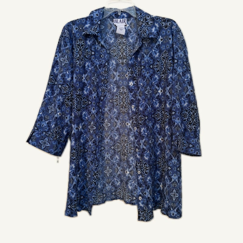 Blair Women's L 2PC Blue Floral Paisley 3/4 Sleeve Blouse & Tank Top Set