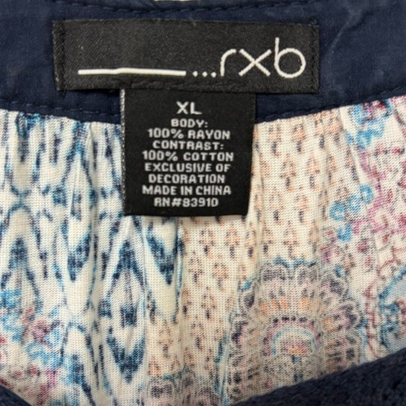 RXB Multicolor Tank Top Blouse XL - Sleeveless Navy Trim Geometric Floral Print
