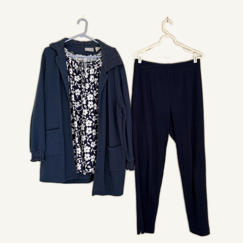 Women's 3-Piece Navy Set Size L Floral Top Blair The Limited Ribbed Pants