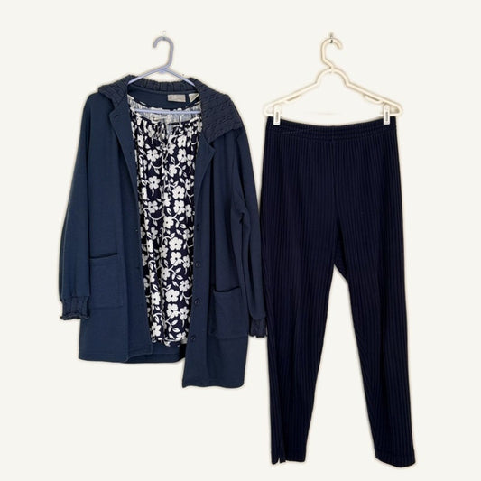 Women's 3-Piece Navy Set Size L Floral Top Blair The Limited Ribbed Pants