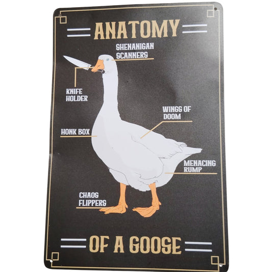 Anatomy of a Goose 12x8 Retro Tin Sign – Funny Goose Diagram – Chaos Flippers & Honk Box Humor