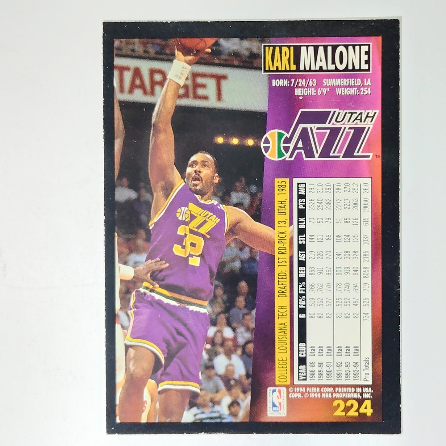 1994-95 Fleer Karl Malone #224 Utah Jazz Hall of Fame Power Forward NBA Card