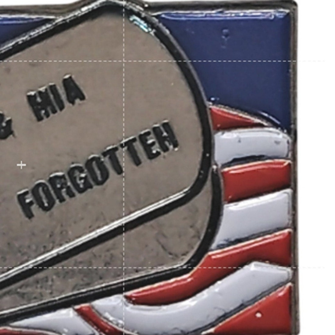 POW MIA Never Forgotten Dog Tag Superimposed on Flag Hat Lapel Pin 1‑1/8" × 5/8"