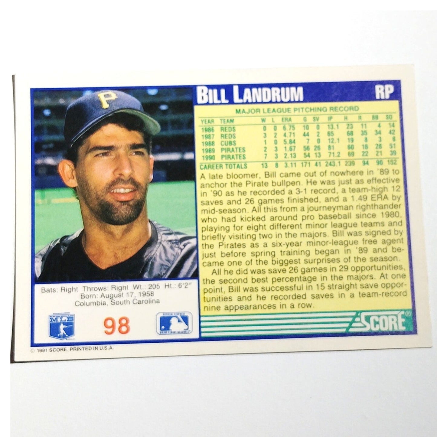 1991 Score Bill Landrum #98 Pittsburgh Pirates Relief Pitcher Baseball Card NM