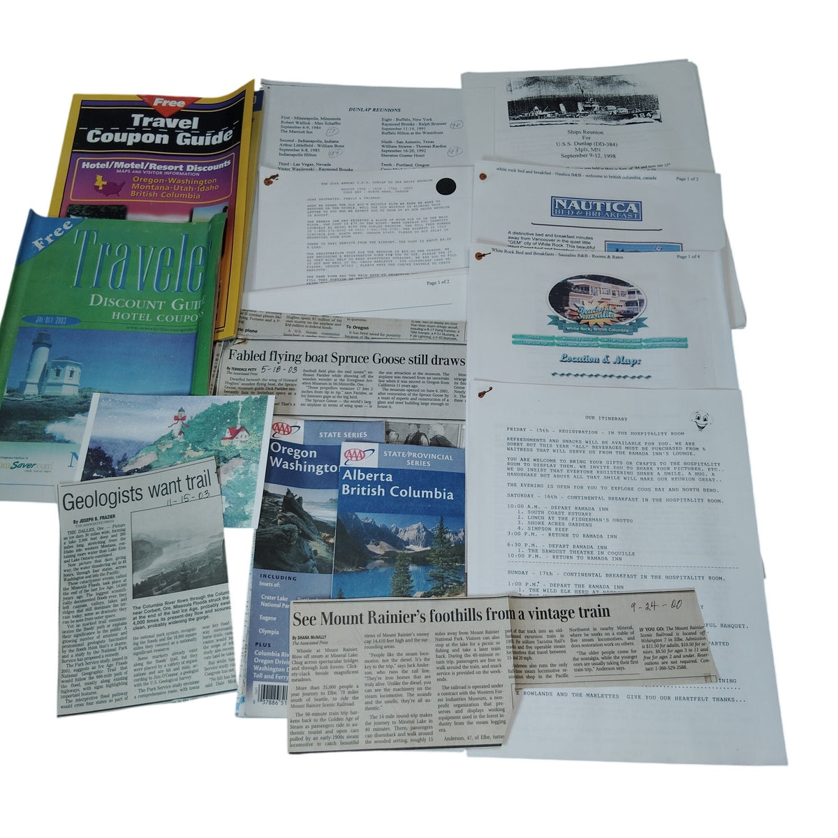 VTG 1998 OR, WA, BC Travel Ephemera & Dunlap (DD-384) Ships Reunion Papers