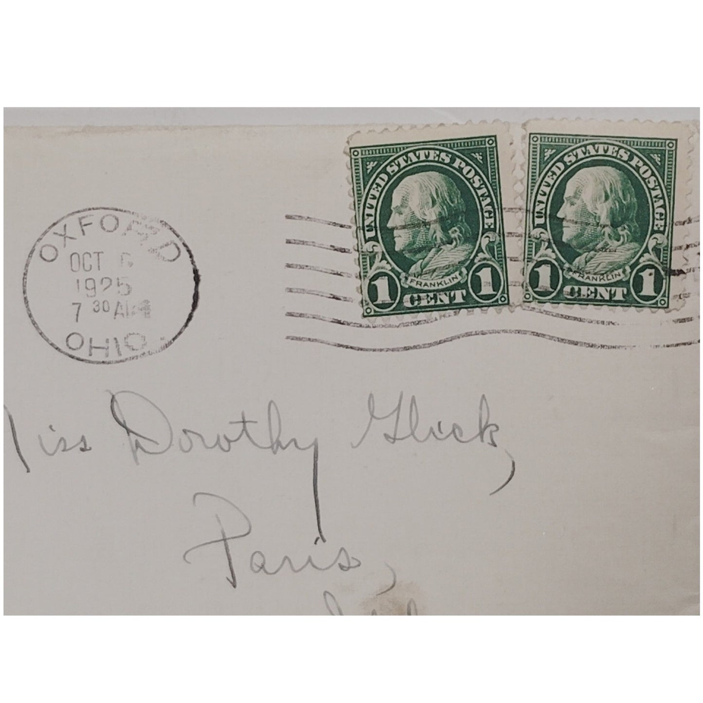 1925 Franklin 1¢ Stamps Lot of 2 Used w/ Oxford OH Postmark w/ Envelope & Letter