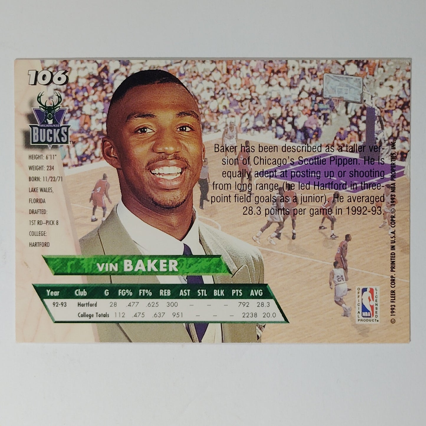 1993-94 Ultra Vin Baker #106 Milwaukee Bucks Forward Rookie Card Draft Day Suit