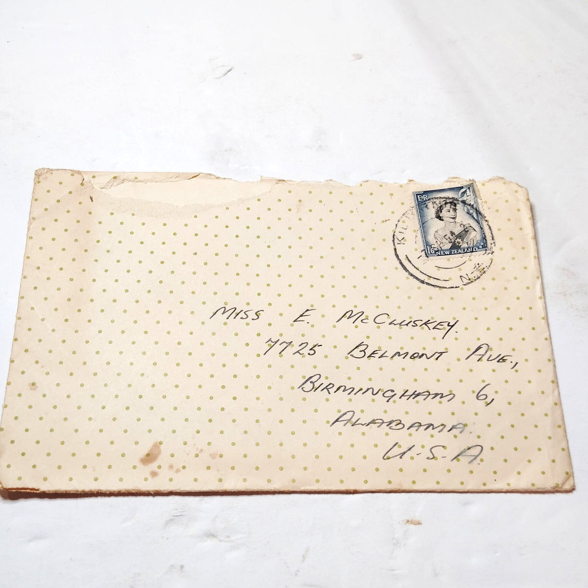 New Zealand 1/6 QEII Stamp 1950s Cover to Birmingham Alabama Postal History