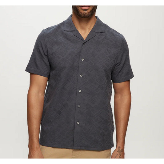 Julian & Mark Tonal Jacquard SS Camp Med. Cotton Shirt – Slate | Button-Down