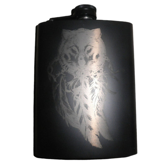 Stainless Steel Hip 8 oz. Flask, Etched Wolf Dreamcatcher, Easy Carry and Use