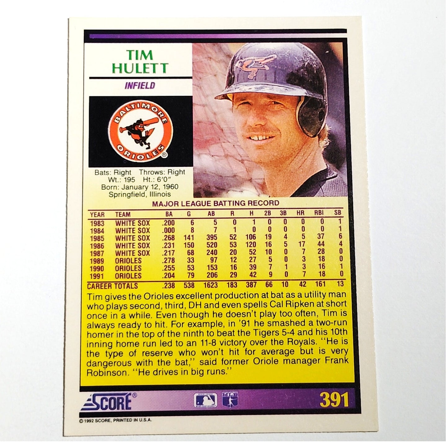 1992 Score Tim Hulett #391 Baltimore Orioles Second Baseman MLB Baseball NM