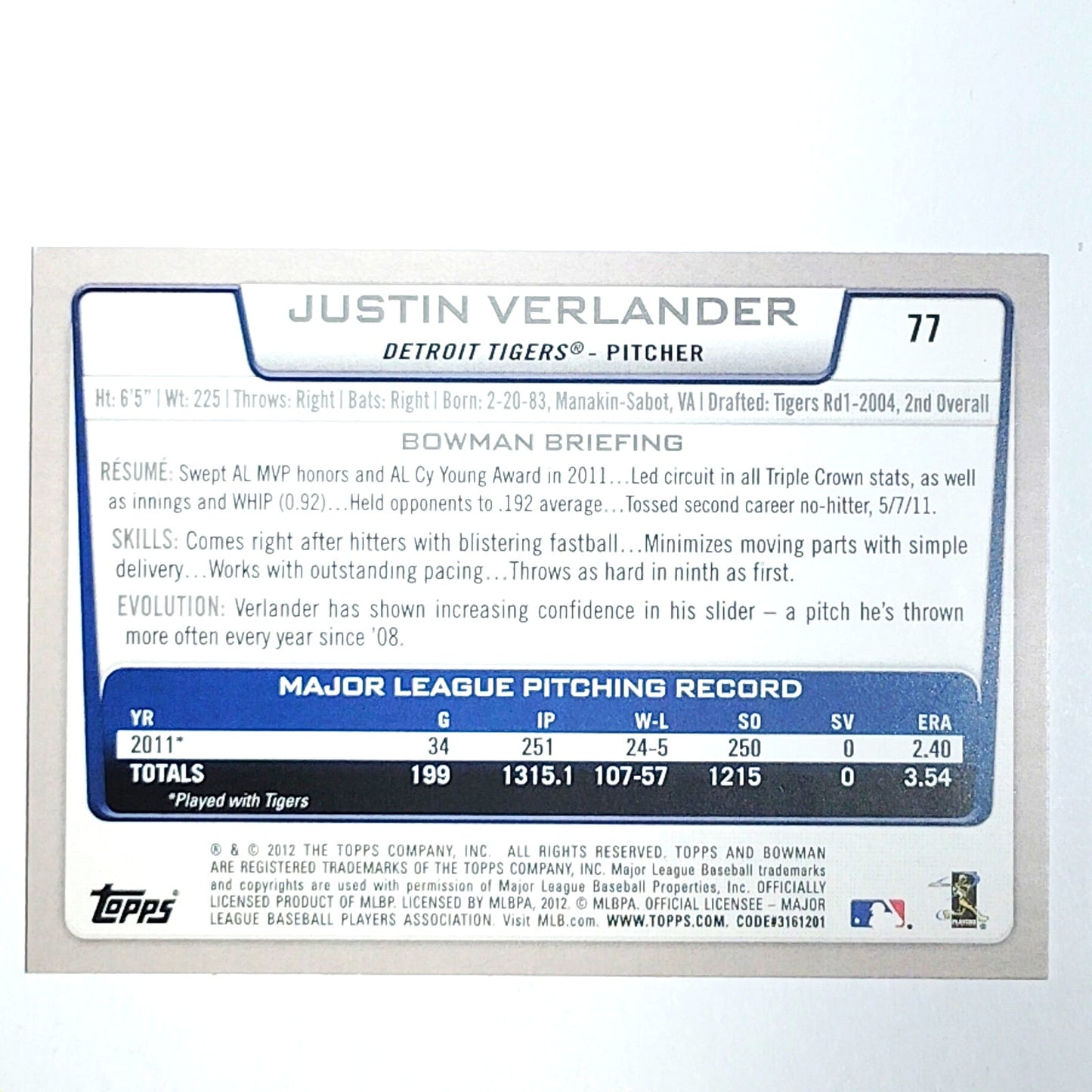2012 Bowman #77 Justin Verlander Detroit Tigers Pitcher - VG/EX