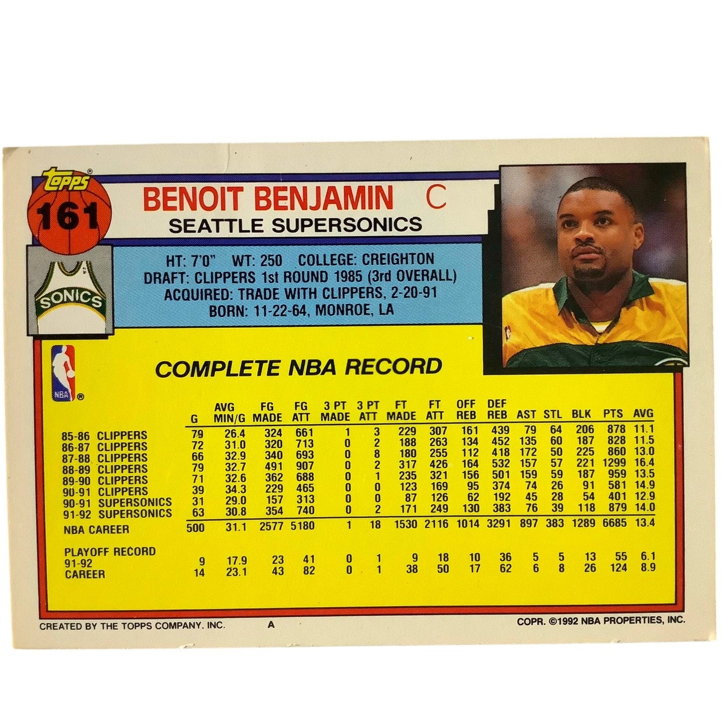 Benoit Benjamin, Seattle Supersonics, 1992 Topps Collector's Card 161, EXC