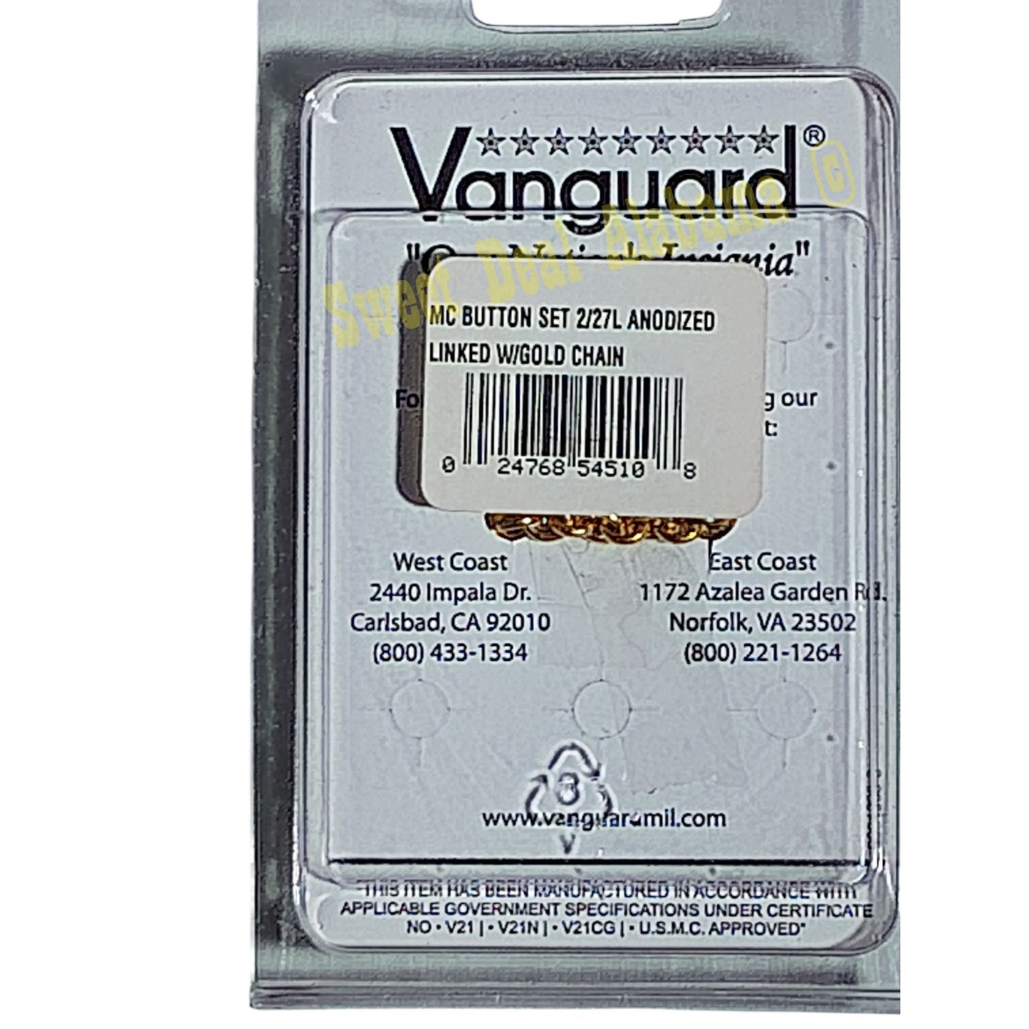 Marine Corps Button Eye Backed, Anodized Linked Buttons, Size: 27 Ligne, 5/8"D
