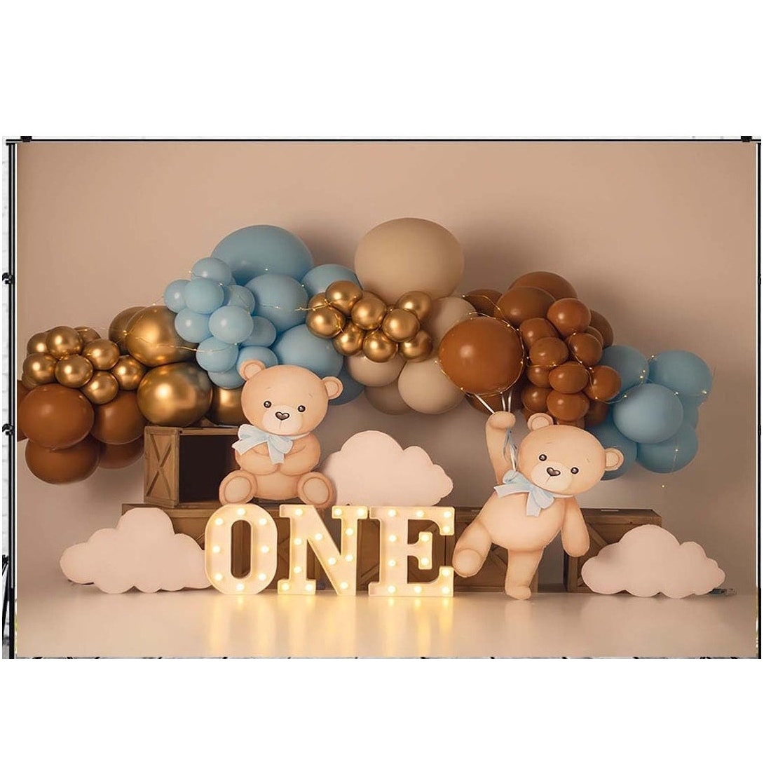 1st Birthday Backdrop Teddy Bear Balloon Theme Vinyl Cotton 7x5FT